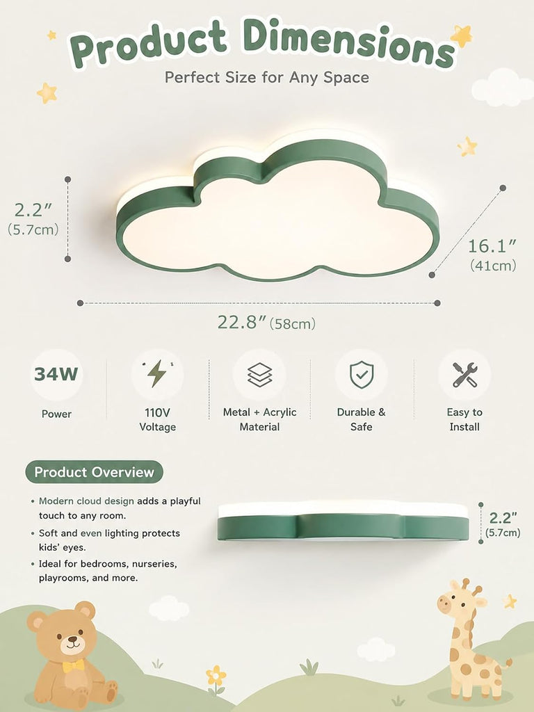 23" Cloud Ceiling Light with Remote, Green Kids Room Dimming LED Flush Mount Ceiling Light, 3 Color Temperatures