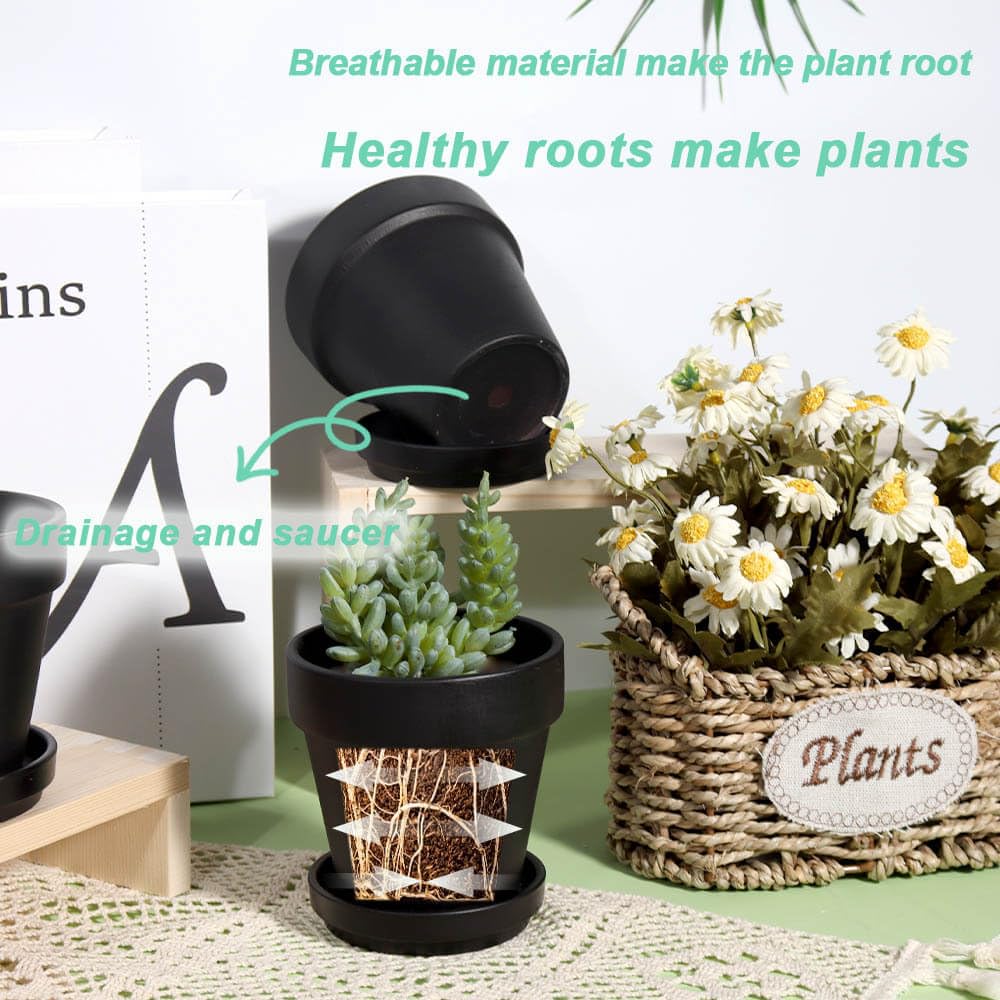 4 Inch Black Terracotta & Clay Pots with Saucer, 6 Pack