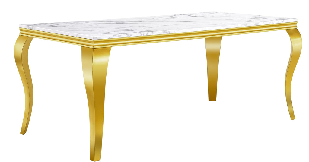 Marble Dining Table for 4 6, 68 Inch White Gold Kitchen Table with Faux Marble Top & Cabriole Stainless Steel Legs