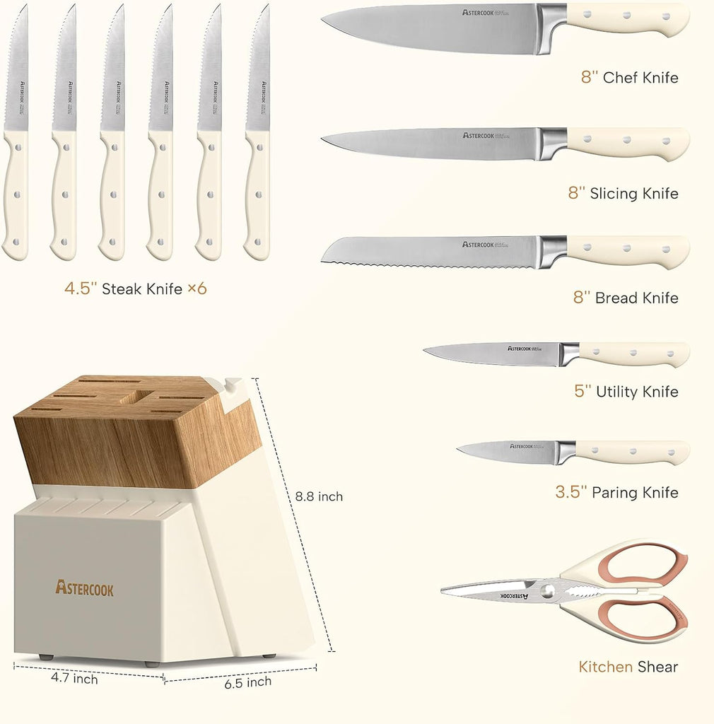 Knife Set, Kitchen Knife Set with Block 14-Piece Full Tang Stainless Steel Knives with Sharpener Dishwasher Safe and
