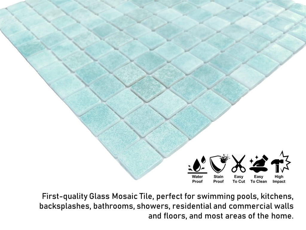 Square 1x1 Blue Recycled Glass Mosaic Floor Wall Pool Tile Backsplash (Exact Size 7/8 Inch) Swimming Pool Tile