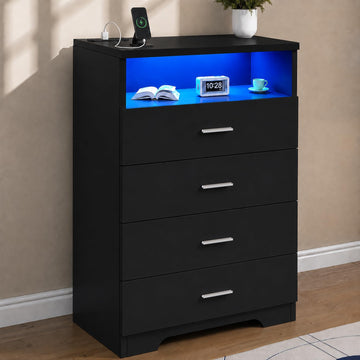 4 Drawer Dresser with Power Outlets and LED Wooden Chest of Drawers with Large Organizer Black Dresser with Metal