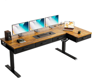 63 Inch L Shaped Electric Standing Desk with 4 Drawers, Rustic Brown | Reversible Corner Table, Office Desk With 4