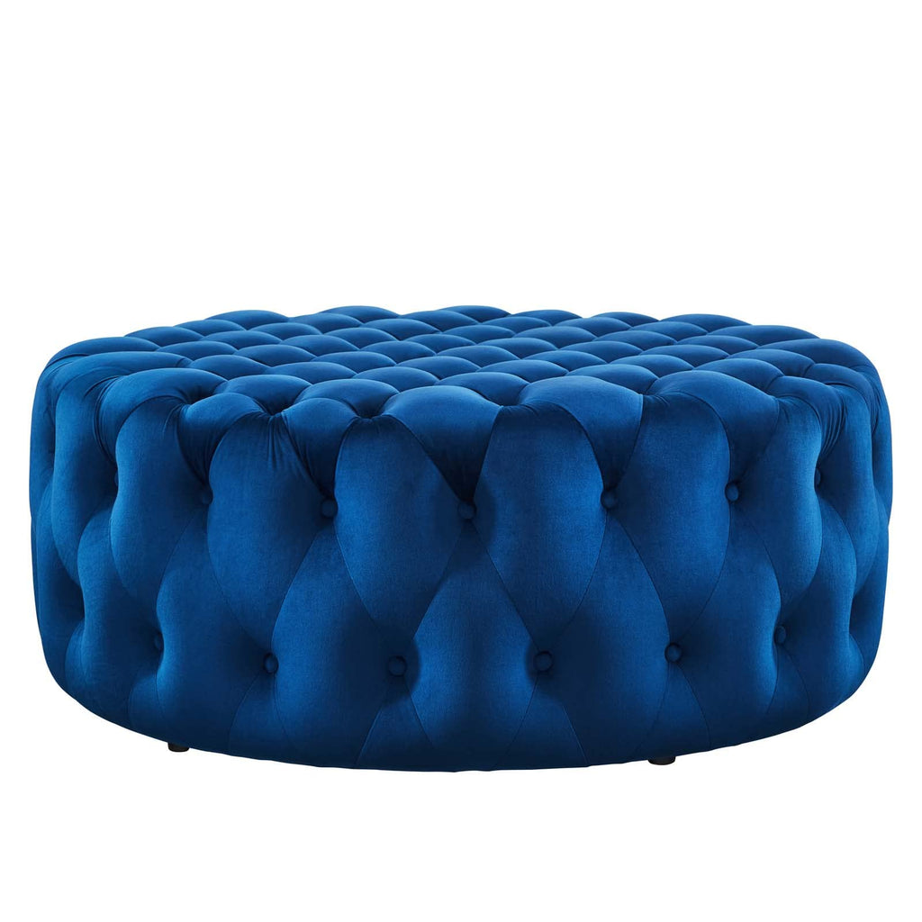 Amour Tufted Button Large Round Performance Velvet Ottoman in Navy