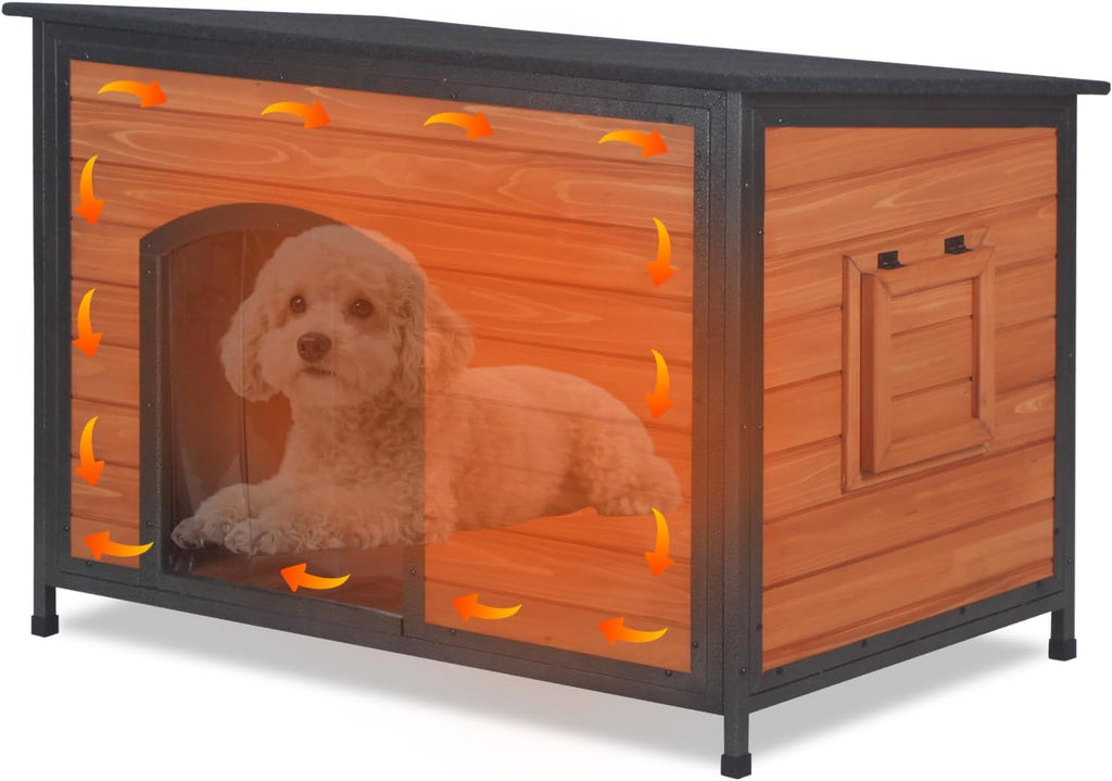 Insulated Outdoor Wooden Dog House, Weatherproof Chew Resistant Metal Frame