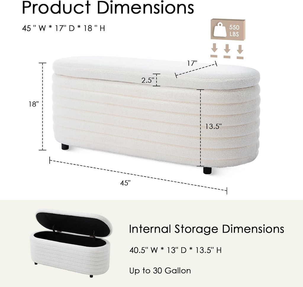 45.5" Storage Teddy Ottoman Bench Upholstered Fabric Bench Hidden Storage Chest with Slow-Close Safety Hinge , White