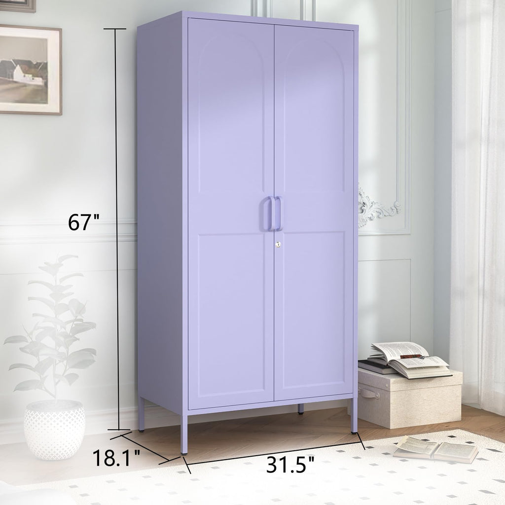 Lockable Closet Metal Wardrobe 67" Purple 2 Door Wardrobe Bedroom Storage Cabinet Adjustable shelf Multi functional