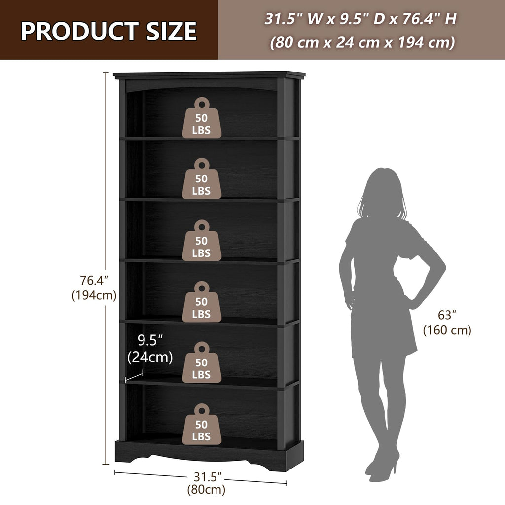 6-Tier Wooden Bookshelf, 76 Inch Tall Bookshelf with Storage, Floor Standing Modern Style Display Bookcase, Study