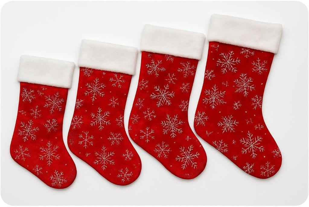Christmas Stockings with Snowflake Pattern, Red Velvet, White Faux Fur Trim, Silver Glitter Design, 4-Piece Set