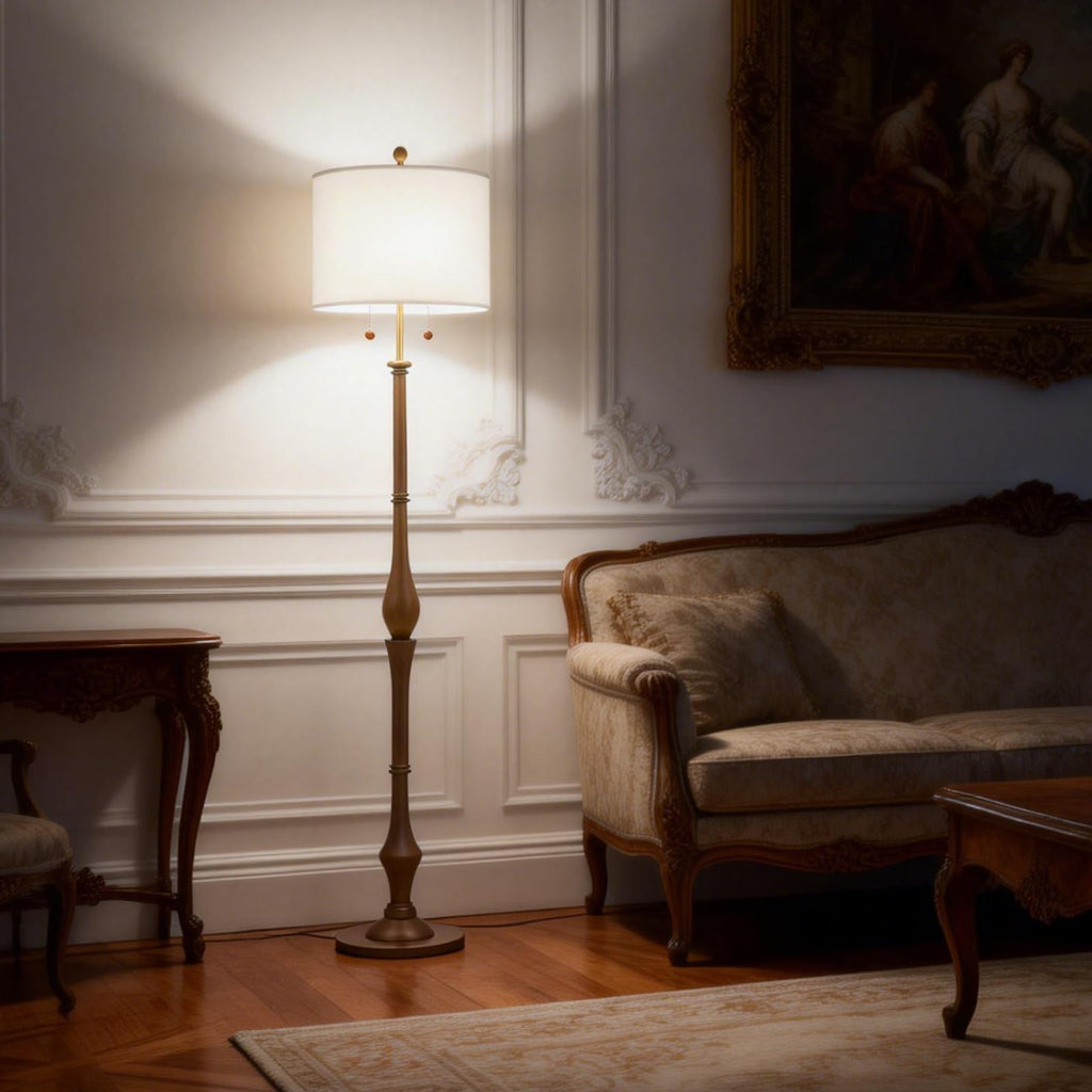 Farmhouse Floor Lamp, Solid Wood Standing Lamp, Linen Shade, Brown