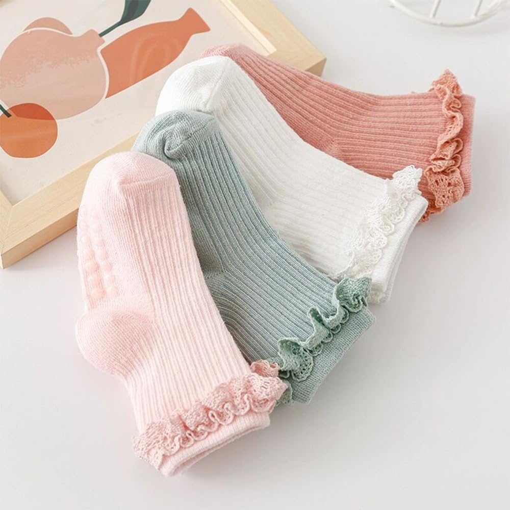 Baby Girl Toddlers Socks with Non-slip Grip Cute Frilly Ruffle Ankle Soft Cotton Baby Socks for Infant Kids