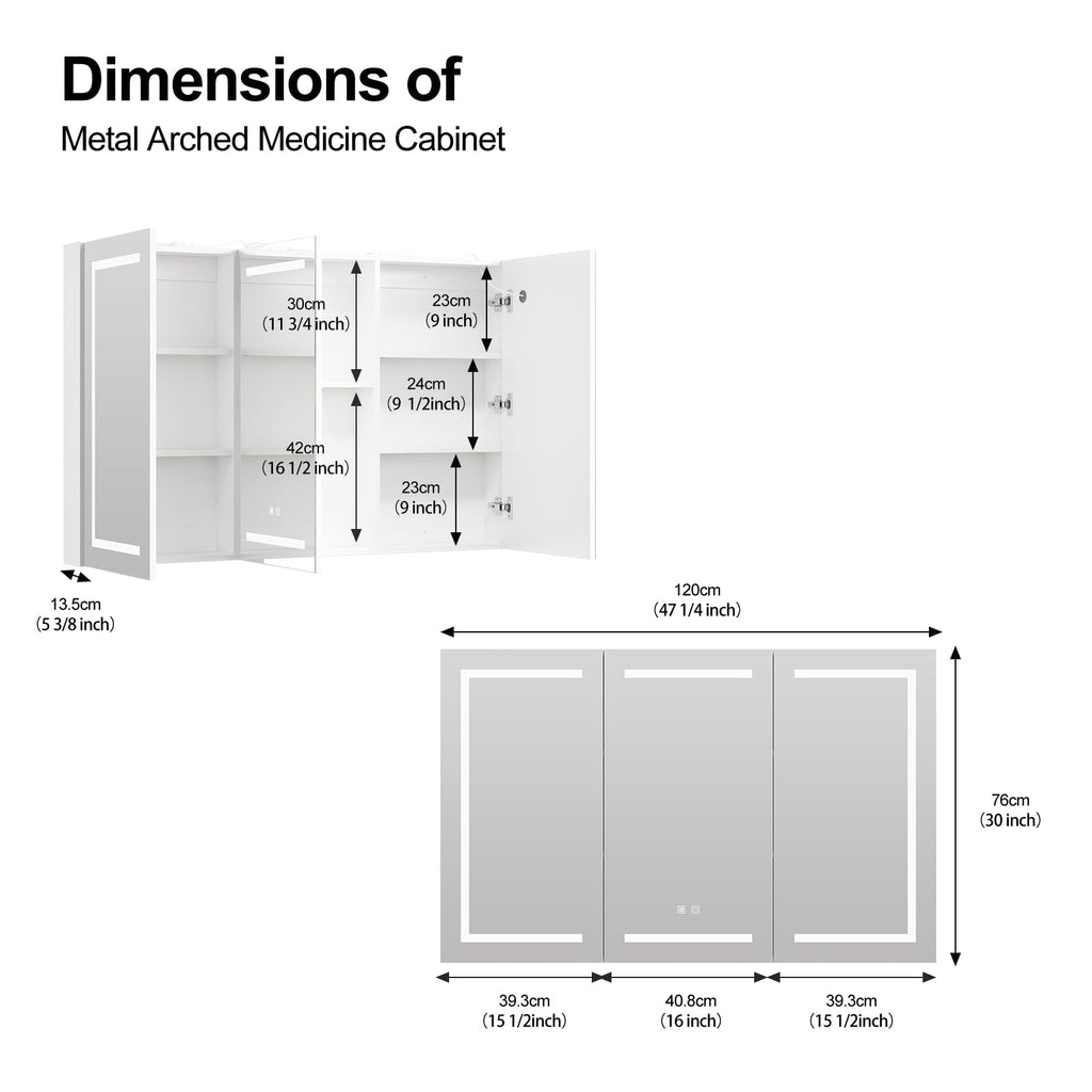 Large Medicine Cabinet, LED Lighted Medicine Cabinets with 3 Doors, Wall Mounted Bathroom Mirror with