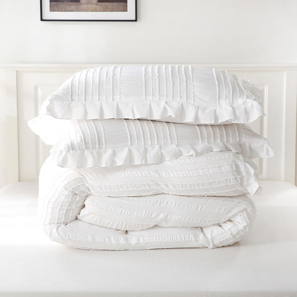 White Ruffle Comforter Set Boho Comforter Set 3 Pieces Ultra Soft Microfiber Seersucker Shabby Chic Bedding