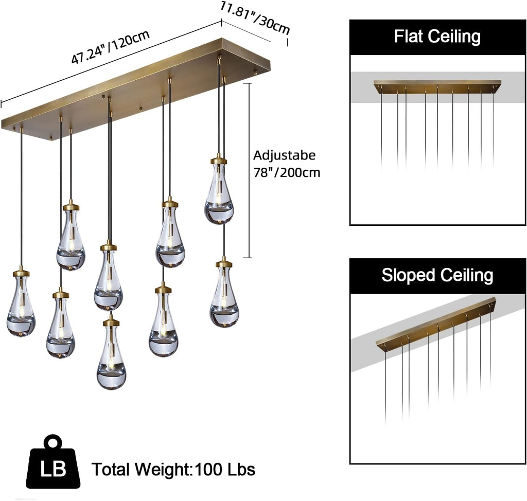 Raindrop 9-Light Chandeliers for Dining Room Gold Dining Room Lights Fixture Over Table, Brass Pendant Lights Kitchen Island, Adjustable Rope Teardrop Hanging Lamp Ceiling for Living Room A121-B0CH9MBKS6