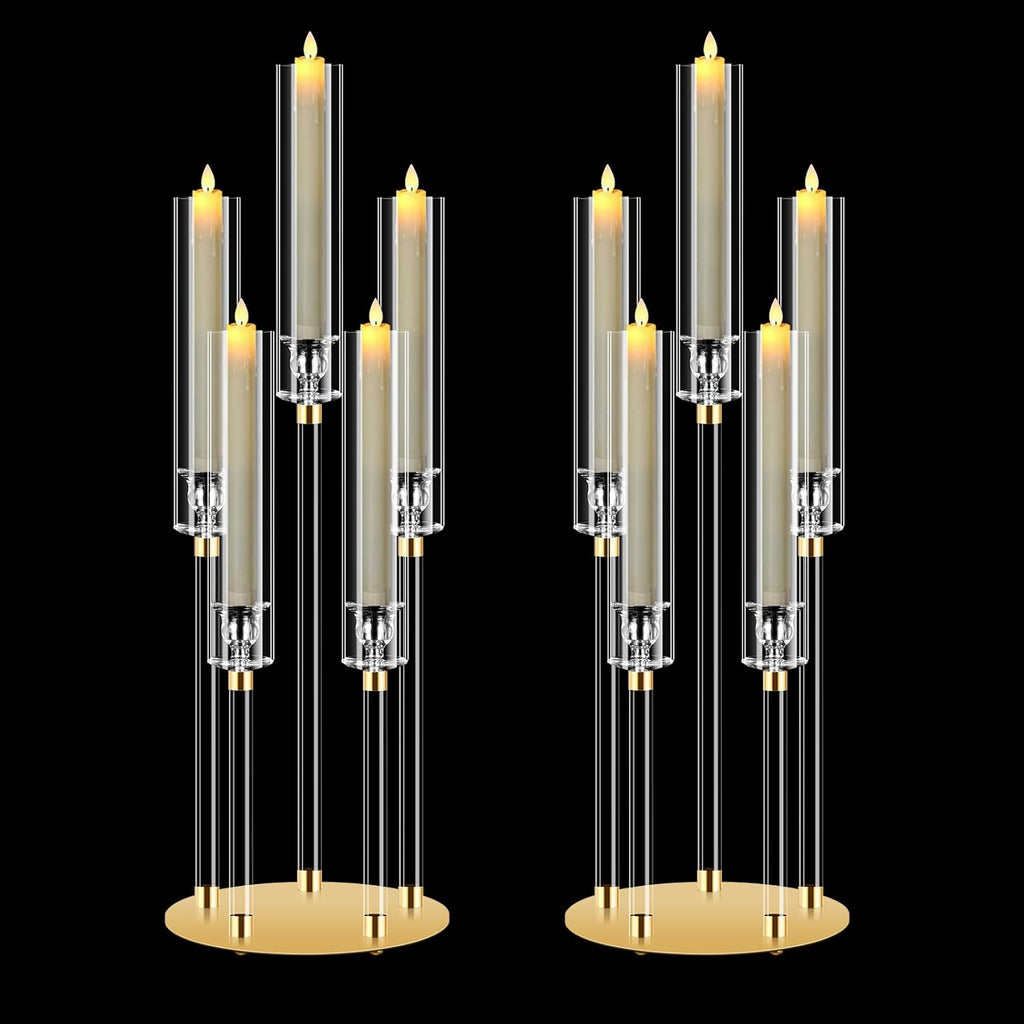 2 Sets 5 Arm Acrylic Candle Holder, Mjkeomo 26'' Tall Candelabra Centerpieces for Tables Clear Candlesticks Holder