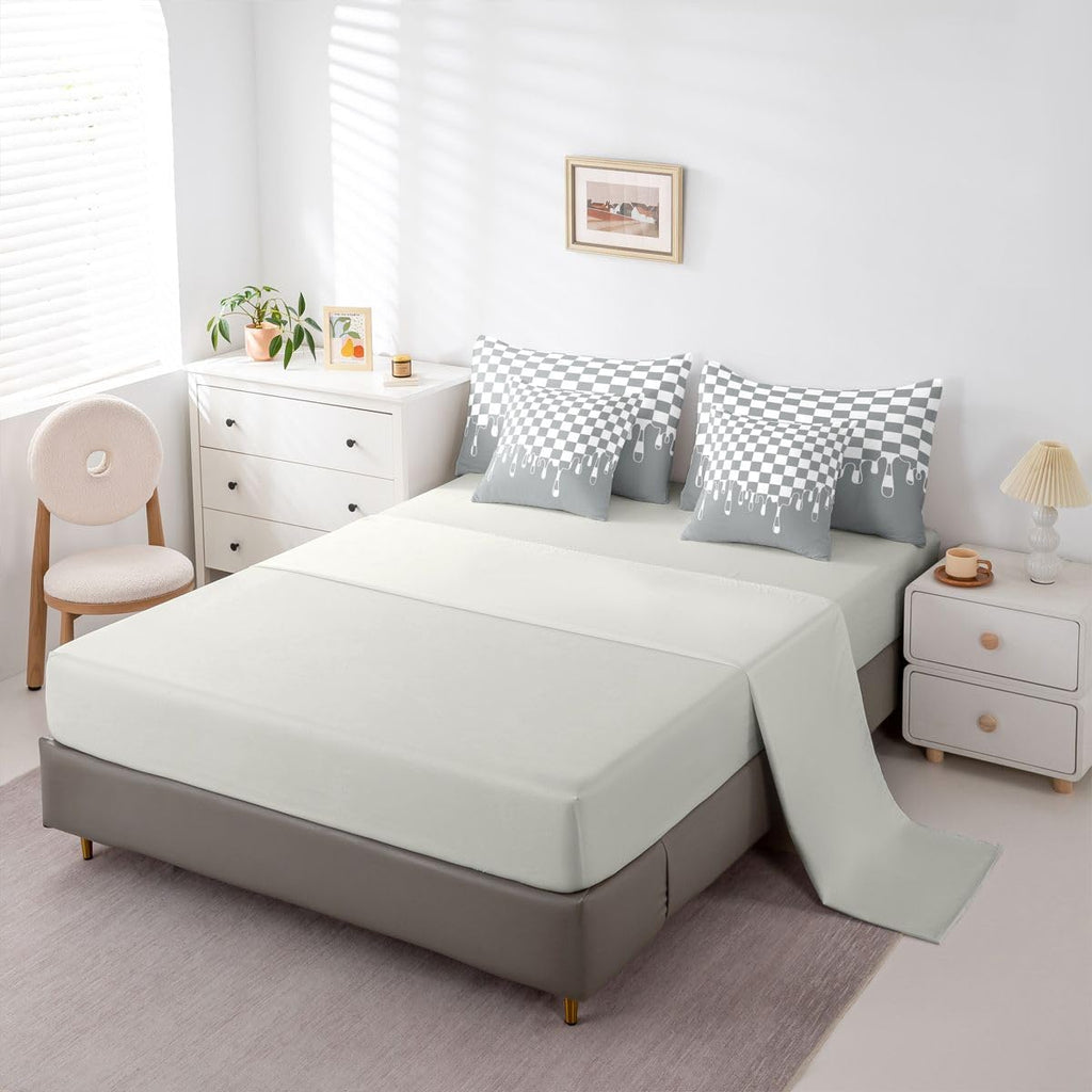 Neutral Grey Checkered Bed Sheets and Comforter Set | Gingham Checkerboard Drip 7 Piece Bedding Set Retro