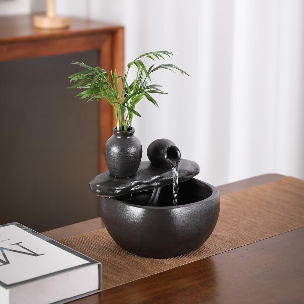 Ceramic Tabletop Fountain and Home Decoration Table Desk Office Patio (Ceramic Pot Fountain) (Black)