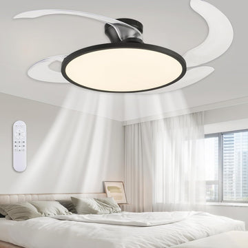 48 Inch Retractable Ceiling Fan,Low Profile Ceiling Fan with Light and Remote,Modern Black Fan with Retractable