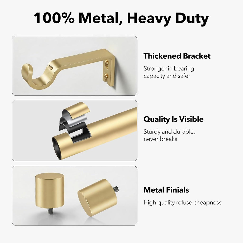 Heavy Duty Curtain Rods for Windows, 1 Inch Gold Curtain Rod Adjustable, Decorative Long Curtains Rods