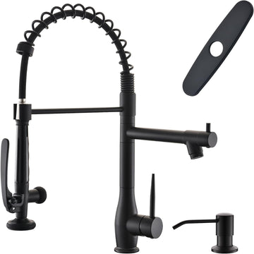 Matte Black Commercial Kitchen Faucet with Pull Down Sprayer | Soap Dispenser Included, Commercial Style, Double Head