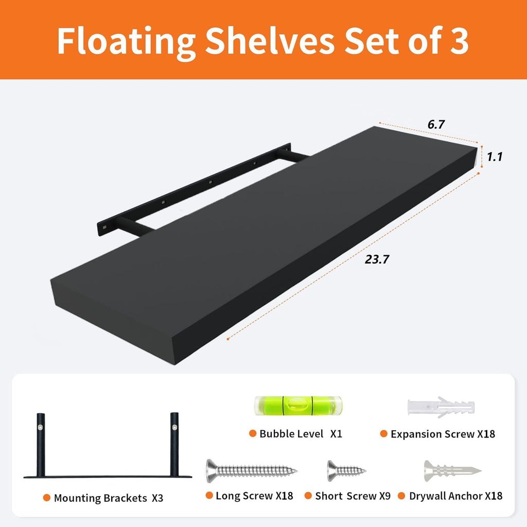Floating Shelves for Wall Set of 3, 24" Black Wall Shelves Decor