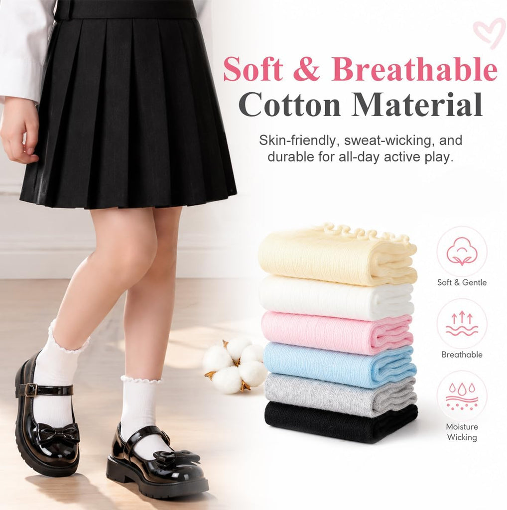 Ruffle Socks for Girls, White Cute Frilly Crew Dress Socks for Kids 6 Pairs