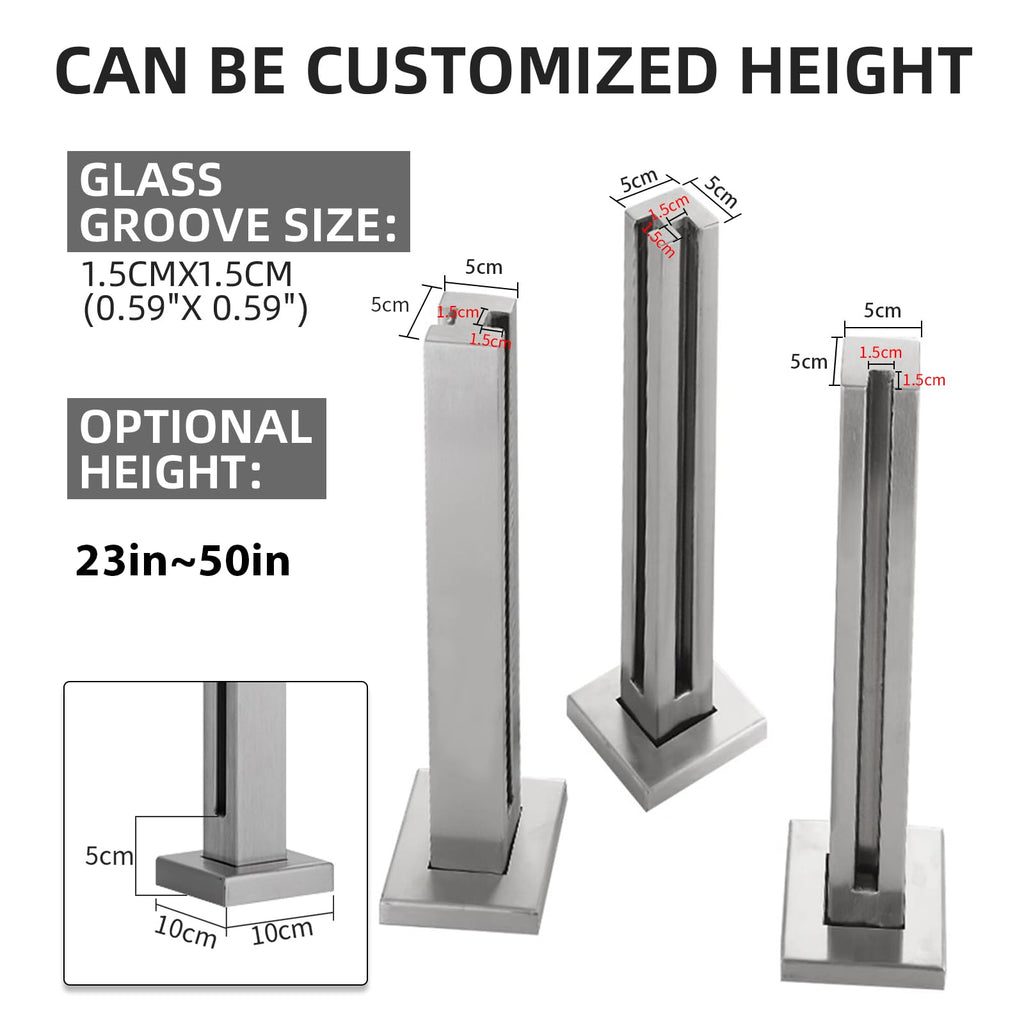 Glass Railing Post, No-Punch / 304 Stainless Steel Glass Railing Spigot with Slots & Base, Heavy-Duty Clamp Bracket