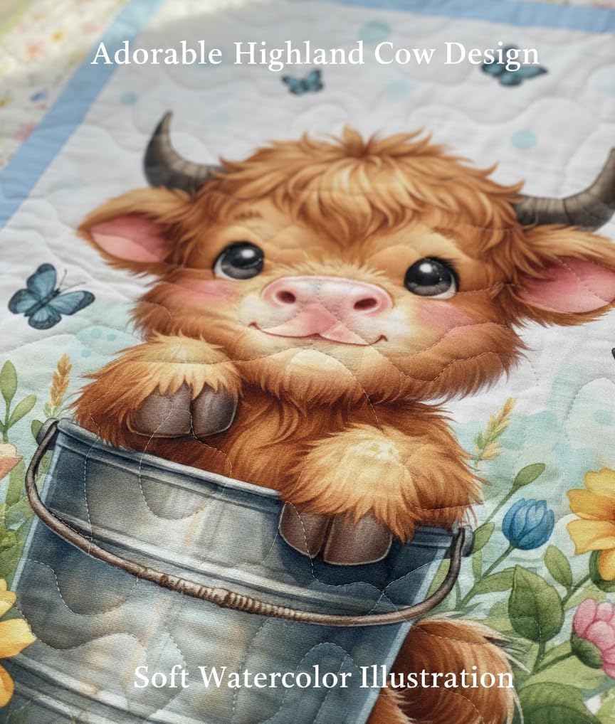 Highland Cow Cotton Fabric Panel 30x40 - Baby Quilt Panel, Farm Animal Fabric, Cute Calf Design, Cotton Twill