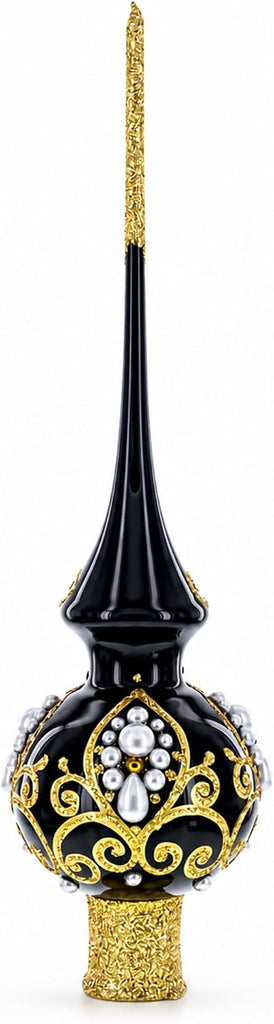 Black and Gold Filigree Design Glass Christmas Tree Topper 11 Inches