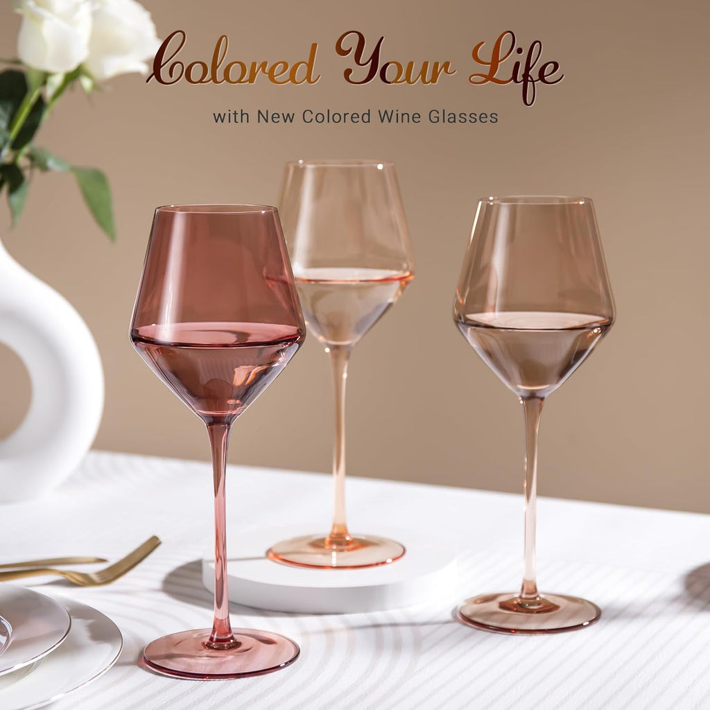 Colored Wine Glasses Set of 6-16OZ Colorful Wine Glass with Stem【HandBlown】 Muted Wine Glasses Colored Set,Wine Gifts