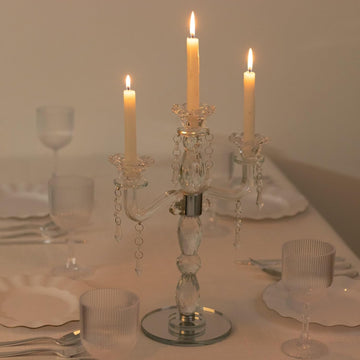 Crystal 3-Arm Candelabra Taper Candle Holder with Hanging Prisms & Round Mirror Base - Faceted Cut Glass Design - 14"