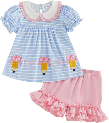 Toddler Girls Back to School Pencil Embroidered Ruffle Shorts Set
