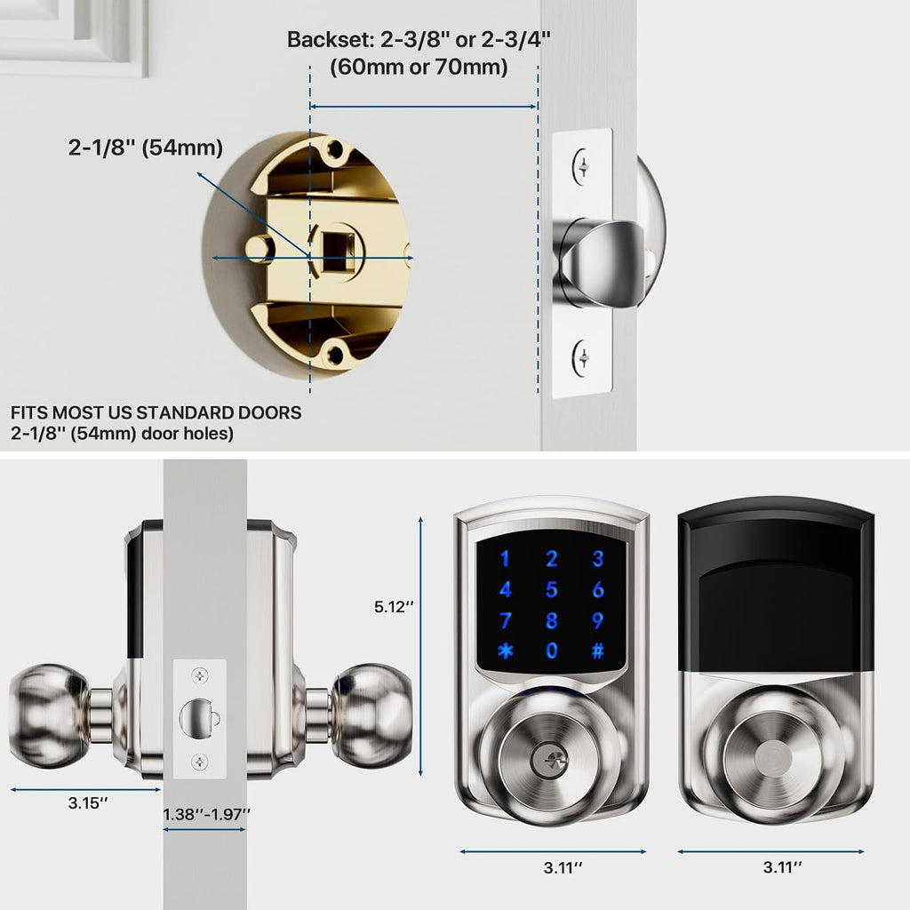 Keyless Entry Door Knob Electronic Digital Keypad Lock Satin Nickel 1Pack