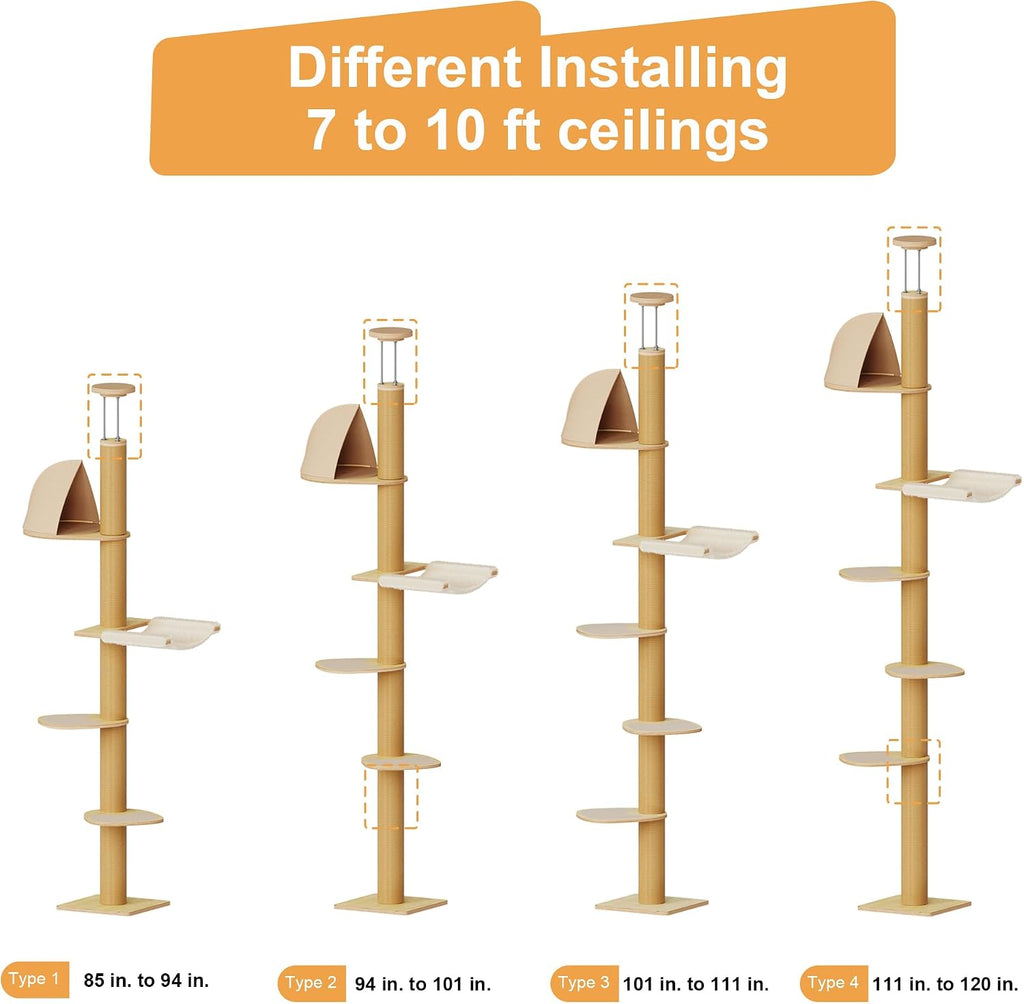 Floor to Ceiling Cat Tree, 6-10 ft, 6 Level, Beige