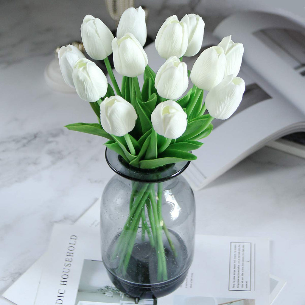 30PCS Real-Touch PU Artificial Tulip Flowers Wedding Party Decor (Pure White)