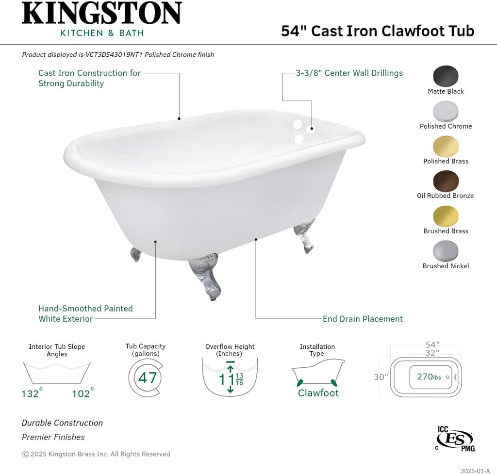 VCT3D543019NT5 54-Inch Cast Iron Roll Top Claw Foot Tub with 3-3/8-Inch Tub Wall Drillings and Oil Rubbed Bronze Feet
