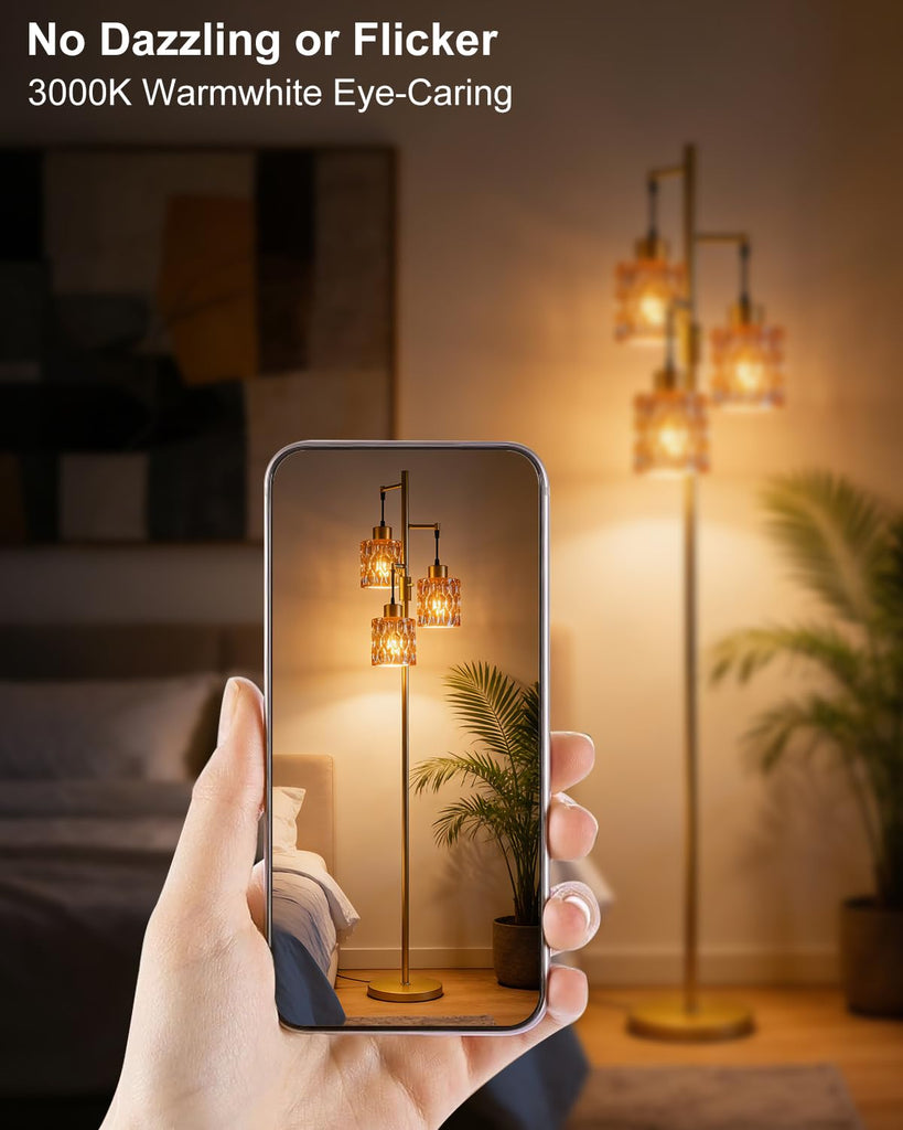 Glass Floor Lamp 3-Light Modern Gold Tall Lamp with Amber Cylinder Shade