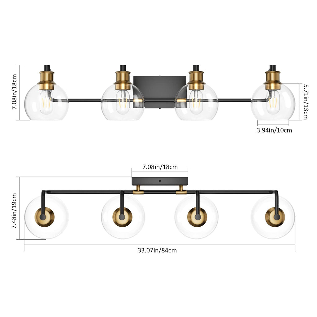 Industrial Bathroom Vanity Lighting Fixtures 4-Lights Vintage Black & Brass Finish with Globe Clear Glass Vanity
