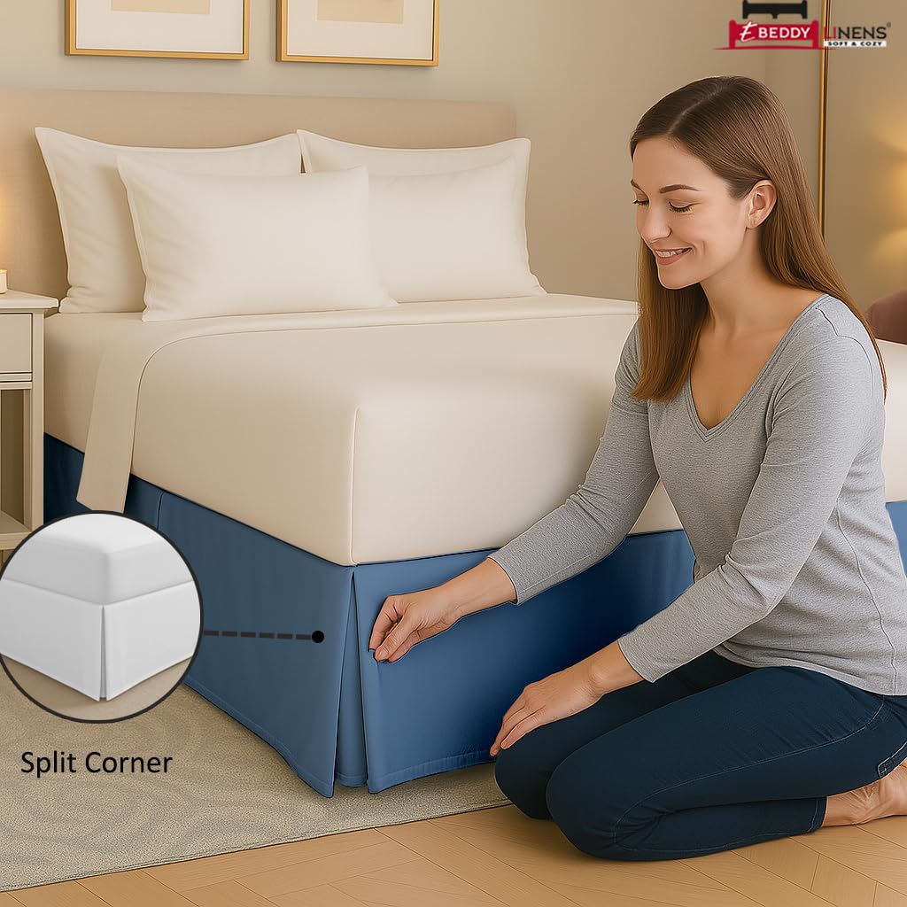 Split Corner Bed Skirt Twin 18 Inch Drop - 100% Microfiber - Platform Style, Lake Blue Solid, 3-Sided Pleated