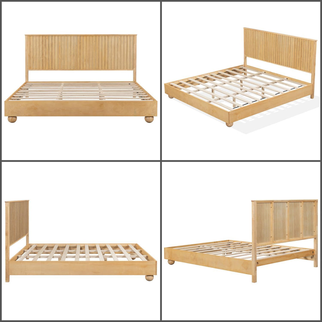 Queen Size Bed Frame with Reeded Headboard, Natural Wood Platform Bed Frame with Sturdy Wooden Support Slats, No Box