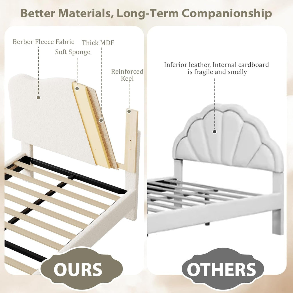 Upholstered Sturdy Twin Bed Frame for Kids, Girls, Boys, Beige | Scallop Headboard, Cute Velvet Platform Bed, No Box