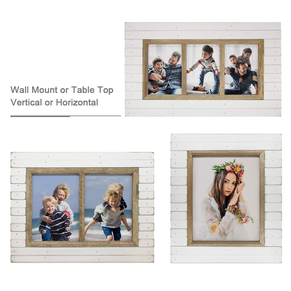 2 Opening 5x7 Rustic White Wood Picture Frame, Farmhouse Collage Photo Frame for 2 Photos, Wall Mount & Tabletop
