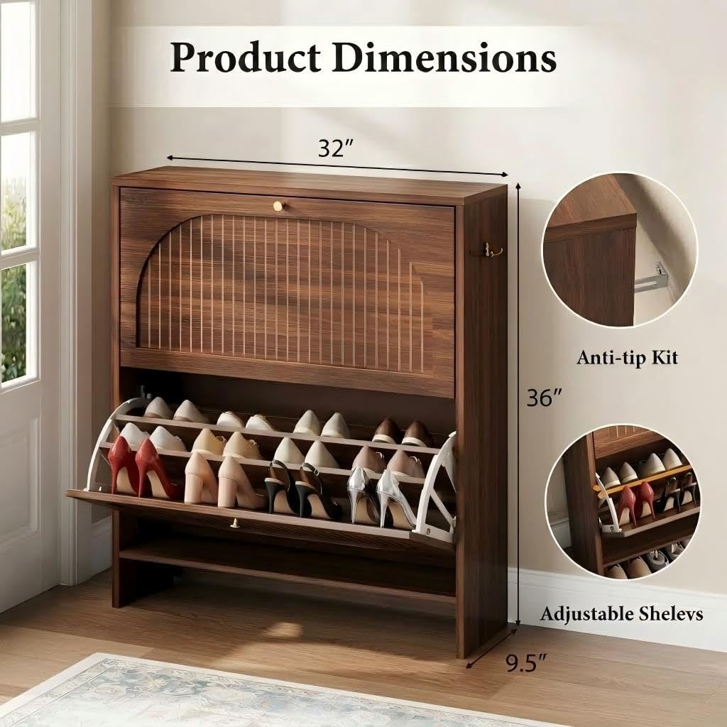 Arch-Chic Shoe Cabinet, Modern Mid-Century Shoe Storage Cabinet with Fluted, Narrow Shoe Rack with Adjustable