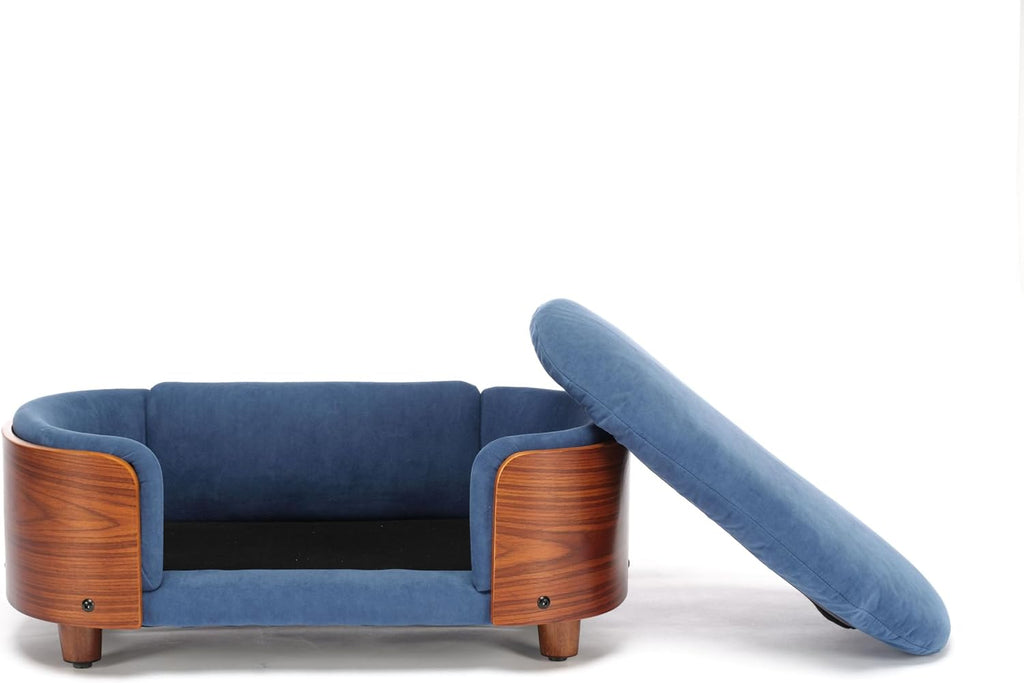 Modern Elevated Pet Sofa Bed, Wood Frame with Velvet Cushion, 26.4 x (Dark Blue)