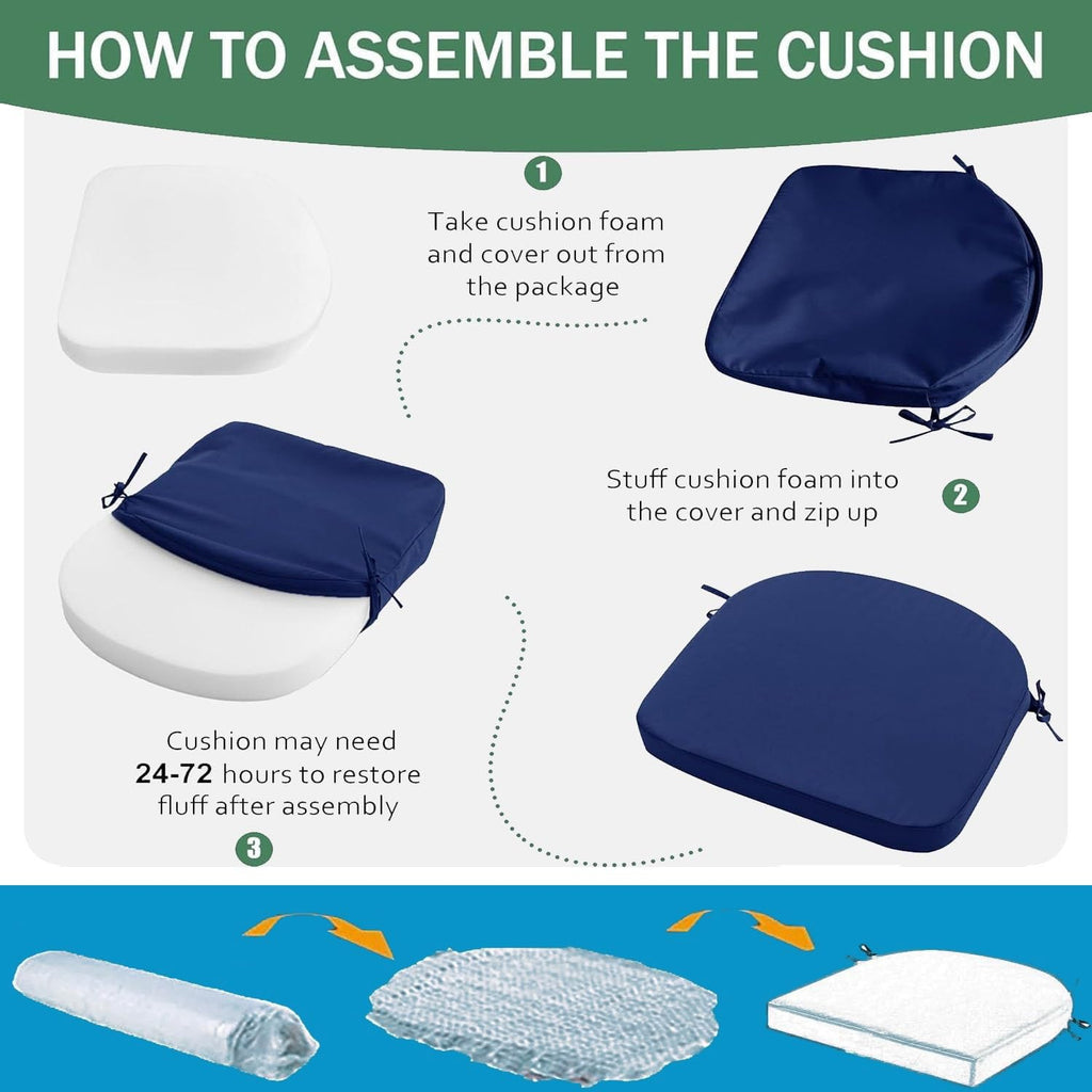 Waterproof Outdoor Chair Cushions Set of 4, Round Corner Seat Pads with Ties, 18.5 x 16 x 2 Inch, Khaki