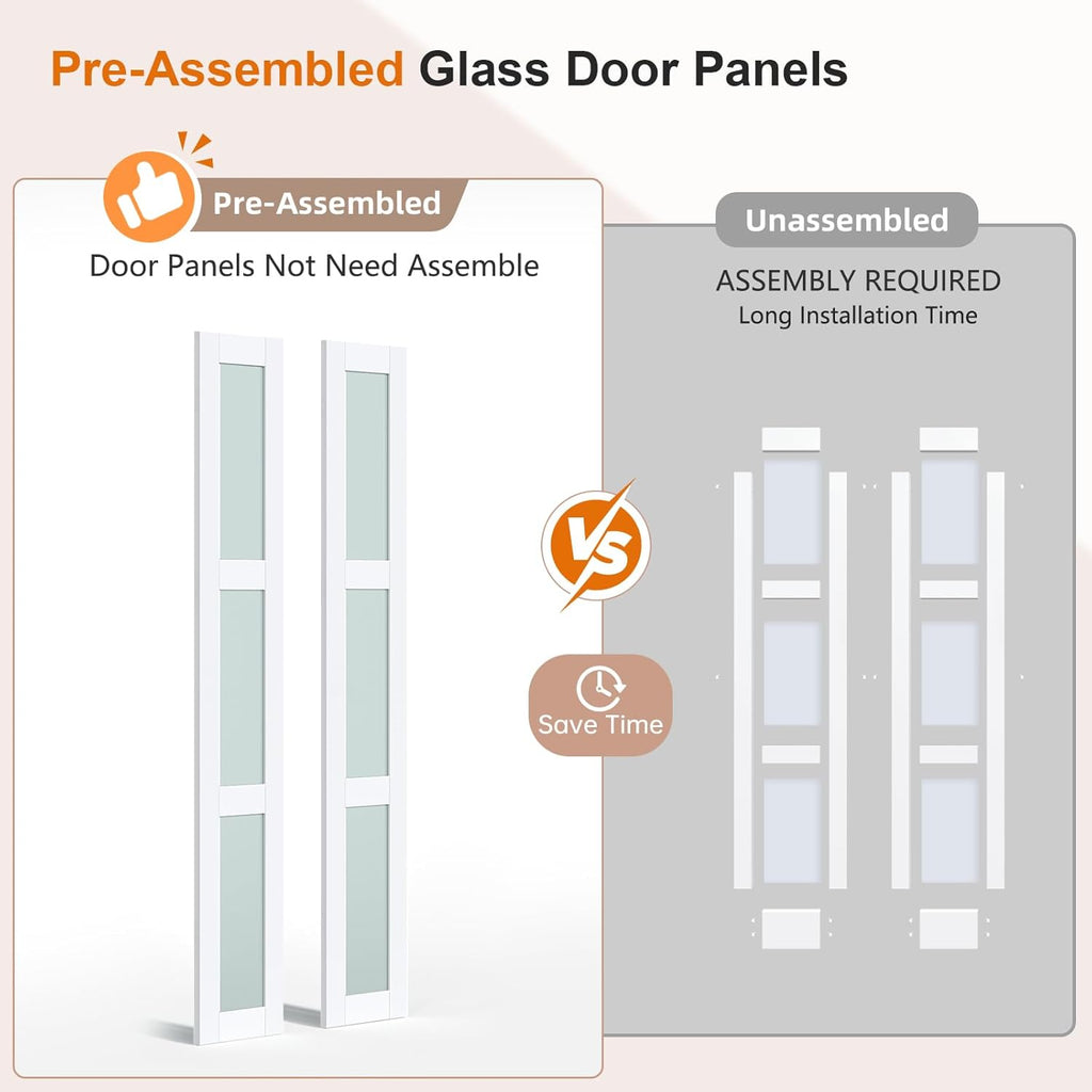 Preassembled Bi-Fold Doors, for 32"x 80" Opening,Tempered Frosted Glass Closet Folding Barn Door wit