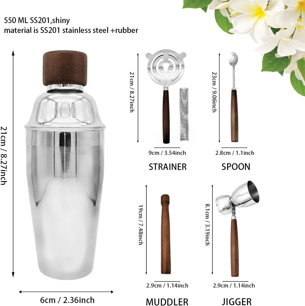 Bar Tool Set Kitchen Stainless Steel Bartender Kit with Muddler,Double Jigger,Shaker,Spoon,Strainer Whisky - Set of 6