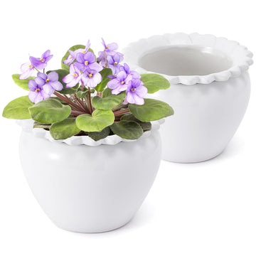 2pcs 6.5 * 4.6 * 4 inch White African Violet Flower Pot Ceramic Self Watering Flower Pot Simple Plant Self Watering