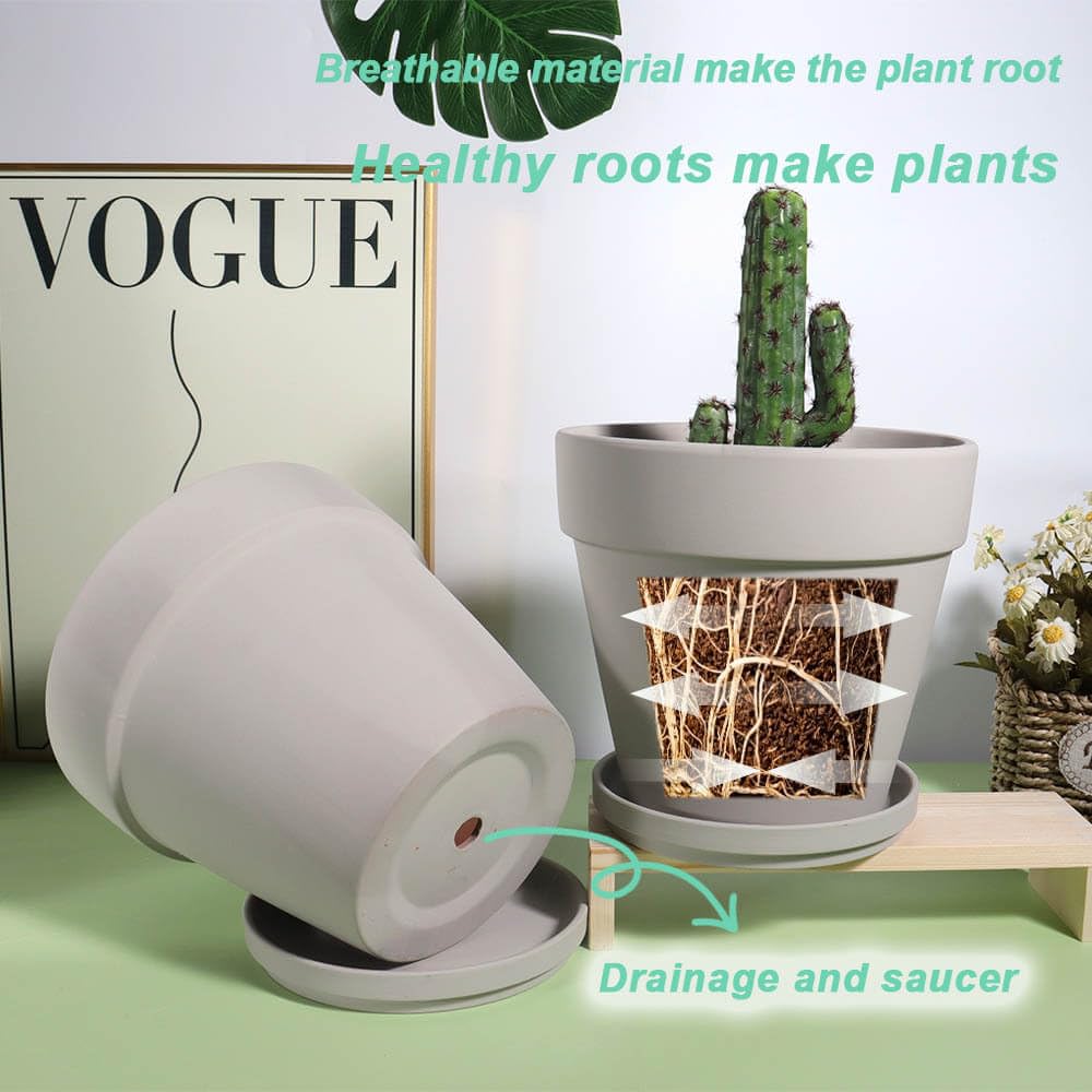 5 Inch Grey Terracotta & Clay Pots with Saucer, 6 Pack