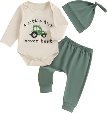 Newborn Baby Boy Clothes Long Sleeve Letter Tractor Print Romper and Pants with Hat Coming Home Outfit 3Pcs